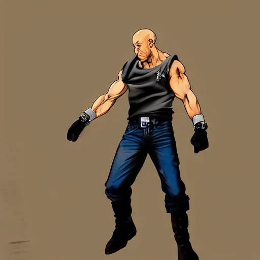 Prompt: Digital painting of Vin Diesel walking like a Italian model in JoJo\'s Bizzare Adventure anime style, latest fashion clothing from Italy, official media from JoJo\'s Bizzare Adventure, highly detailed, sharp focus, hard shadows, ArtStation, art by Hirohiko Araki