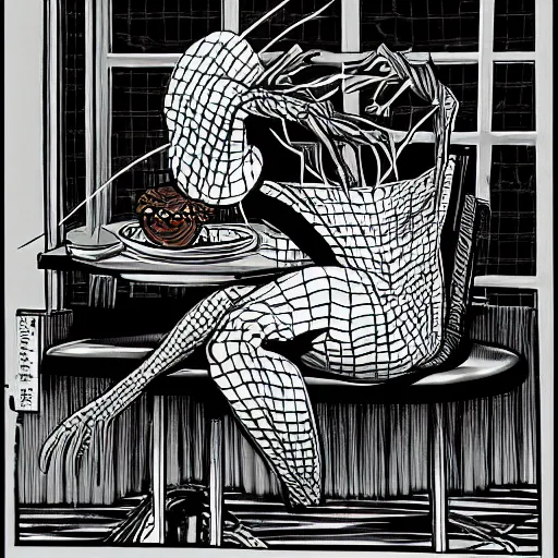 Prompt: spiderman eating ramen at dunkin donuts, H.R. Giger