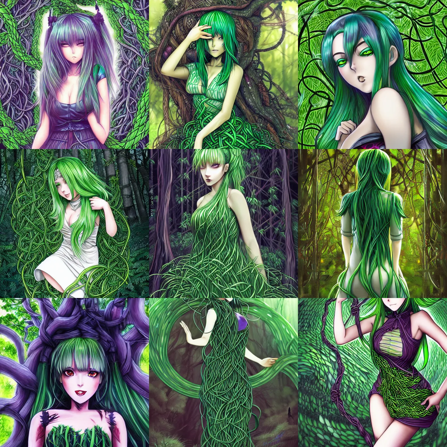 Prompt: photo of manga girl with green hair ,wearing a dress made of vines, in the forest, by Artgerm and Magali Villeneuve