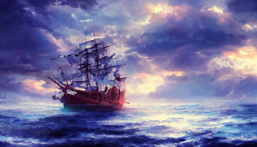 Image similar to pirate ship sailing, boisterous heaven, raging sky, sun lighting through clouds, with blue light piercing through clouds, makoto shinkai, royal blue colors, lighting refraction, volumetric lighting, pixiv art, highly detailed, anime art, symmetrical, wlop, anime art