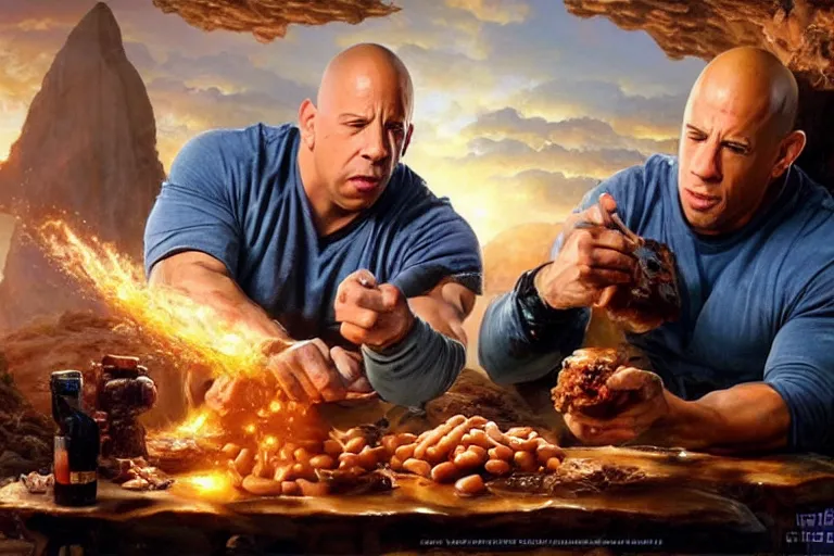 Image similar to vin diesel pouring baked beans into the mouth of dwayne the rock, an oil painting by ross tran and thomas kincade