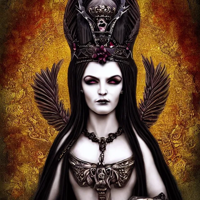 Image similar to centered portrait, close up, candid photography, goddess of death, by anne stokes, updo, highly detailed, accurate