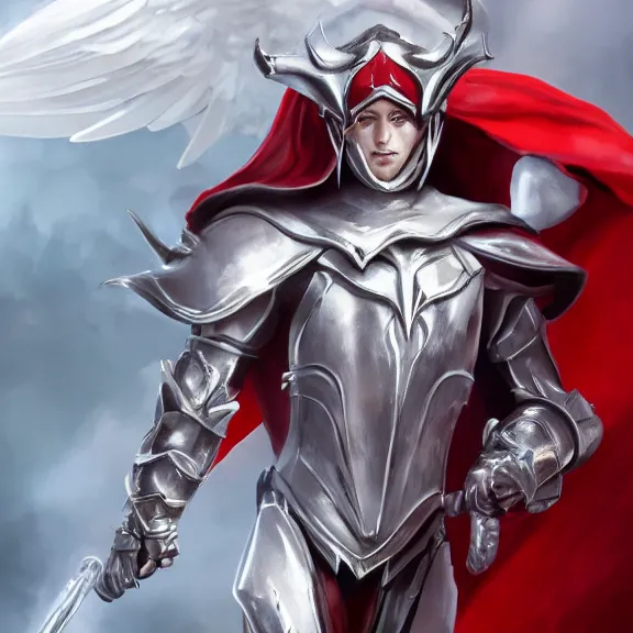 Image similar to cinematic full body shot of a male angel flying, white metallic armor, red cape, elegant pose, detailed arms, detailed white armor, two arms, two legs, detailed fanart, rpg art, d&d art, macro art, digital art, DeviantArt, artstation, 8k HD