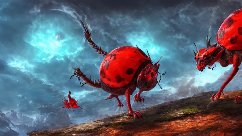 Image similar to giant ladybug dragon, fantasy artwork, very very very beautiful scenery, hd, hdr, ue5, ue6, unreal engine 5, cinematic 4k wallpaper, 8k, ultra detailed, high resolution, artstation, award winning