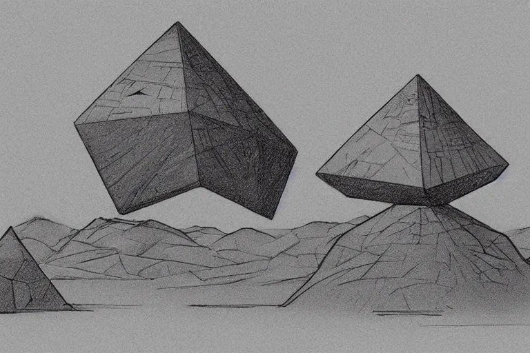 Image similar to giant stone octahedron floating above the desert concept sketch by joe johnston and nilo rodis - jamero and ralph mcquarrie and norman reynolds