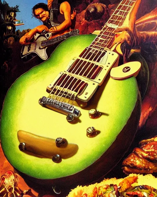 Prompt: Nikocado Avocado ripping a solo on a Gibson Les Paul in front of a mountain of deep fried turkey legs, heavy metal artwork by Frank Frazetta