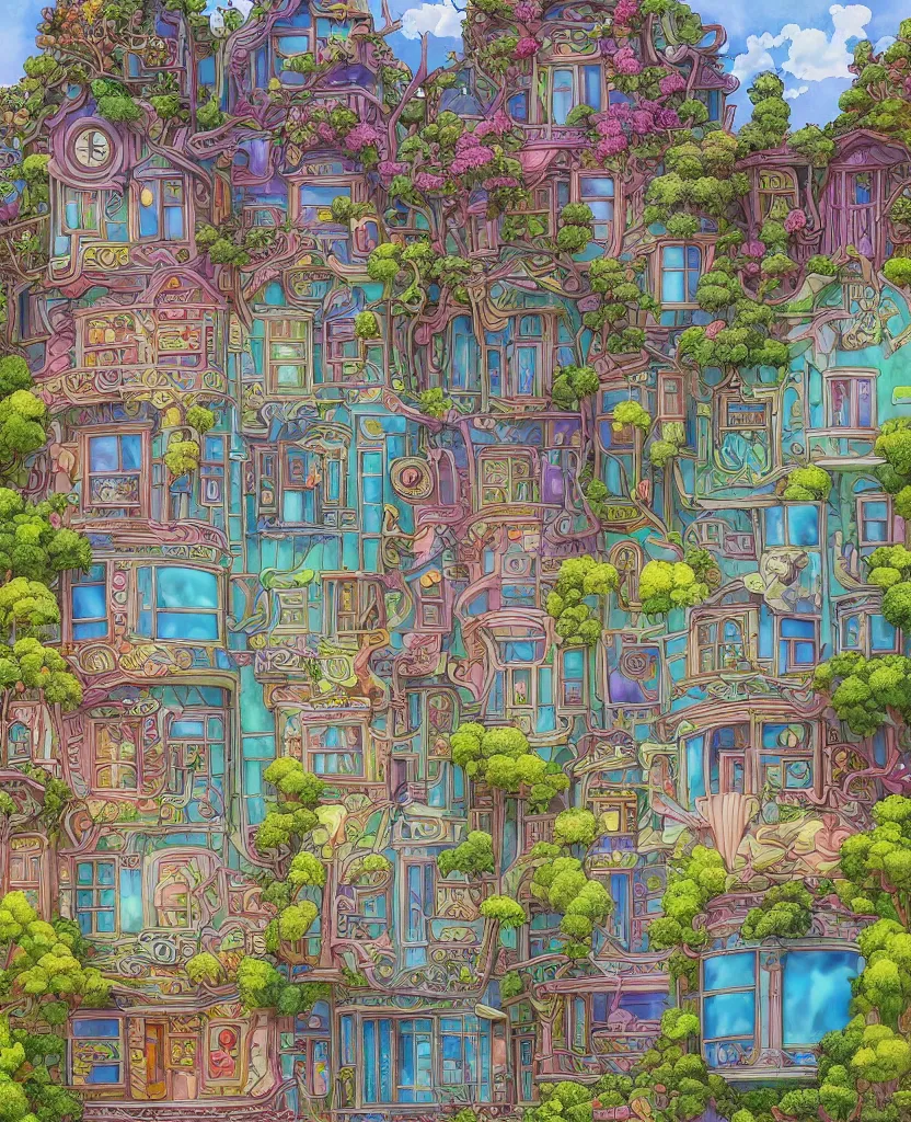 Prompt: 3 5 mm photography of a small colorful studio ghibli house in the style of alex grey, ornate details and realistic windows