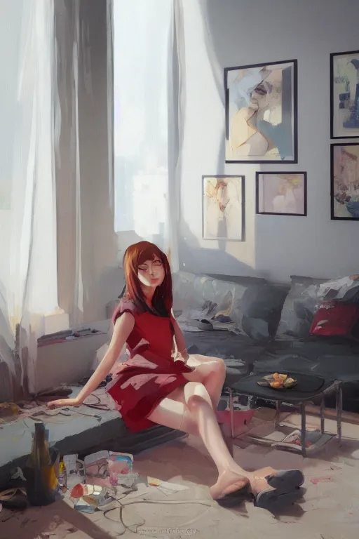 Image similar to A ultradetailed beautiful portrait panting of a stylish girl sitting in a messy modern apartment, bright sunny day, Oil painting, by Ilya Kuvshinov, Greg Rutkowski and Makoto Shinkai