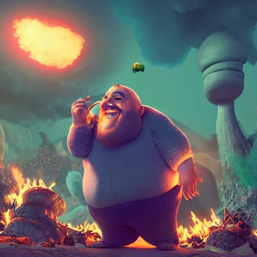 Image similar to highly detailed octane render of a short ugly fat man with a giant beard laughing at a green mushroom cloud surrounded by dead insects in a cave