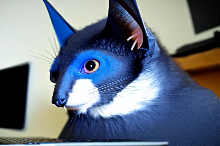 Image similar to a blue - and - black male catbat fursona with blue / green heterochromatic eyes and huge bat ears, photo of the catbat streaming on his computer