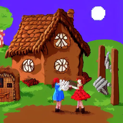 Image similar to Hansel and Gretel meet the witch at the gingerbread house, pixel art, artstation