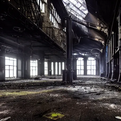 Prompt: a nightclub in an abandoned steelworks, crowded with cyber goths, dark gloomy, cavernous