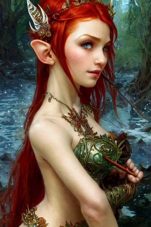 Prompt: alluring highly detailed close-up portrait of beautiful elf girl with red hair wearing a fantasy outfit, very detailed, realistic, by Stanley Artgerm Lau, greg rutkowski, thomas kindkade, alphonse mucha, loish, norman rockwell J.