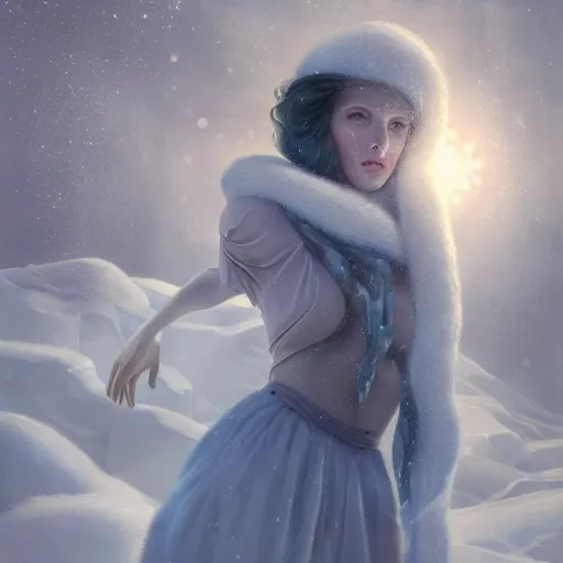 Prompt: a hyperrealistic illustration of a human in the Arctic, snow on the body, blue transparent ice with fractal sunlight, award-winning, masterpiece, in the style of Tom Bagshaw, Cedric Peyravernay, Peter Mohrbacher