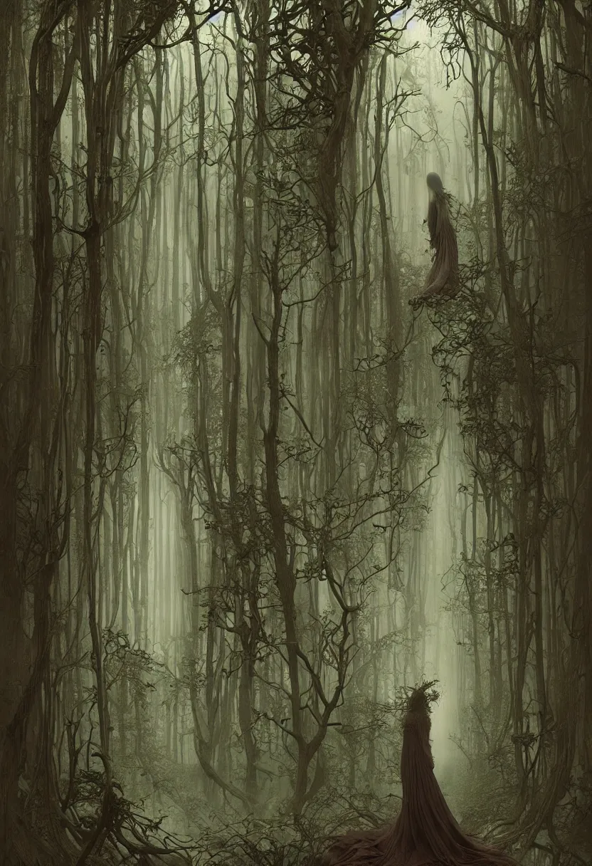 Prompt: a beautiful woman in a spooky forest, by daniel - by greg rutkowski and raymond swanland hr giger and zdzislaw beksinski and alphonse mucha and moebius, matte painting, hyperdetailed, symmetry, art nouveau, beautiful render, concept art