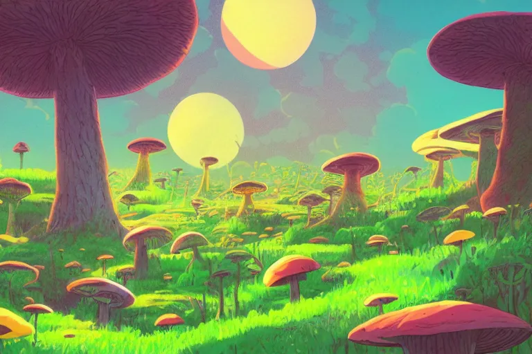 Prompt: illustration of a cat in a colorful forest landscape, giant mushrooms, sunset, unknown planet, by studio ghibli, rick and morty style. anime film, cinematic shot, artstation, insanely detailed, 4 k.