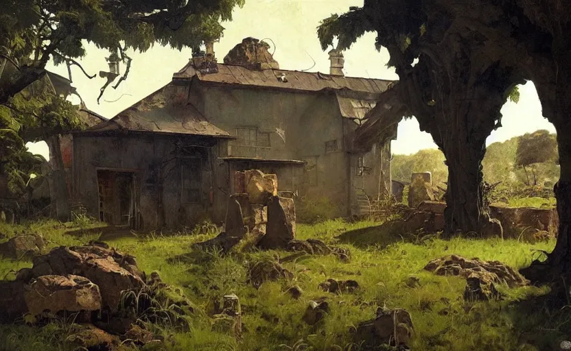 Prompt: a scene of an overgrown farmhouse in an open field surrounded by ancient monoliths. highly detailed science fiction painting by norman rockwell, frank frazetta, and syd mead. rich colors, high contrast, gloomy atmosphere, dark background. trending on artstation