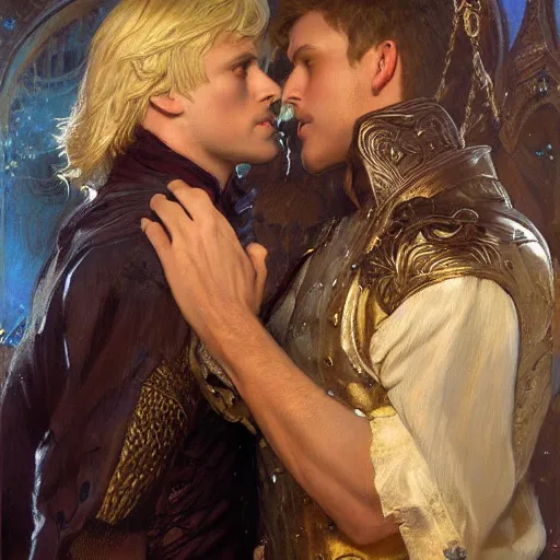 Image similar to attractive male arthur pendragon confesses his love to attractive male merlin. highly detailed painting by gaston bussiere, craig mullins, j. c. leyendecker 8 k