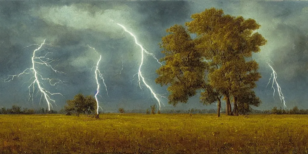 Prompt: lightning strikes a tree in the middle of a field, painting By Wassily Kandinakiy,