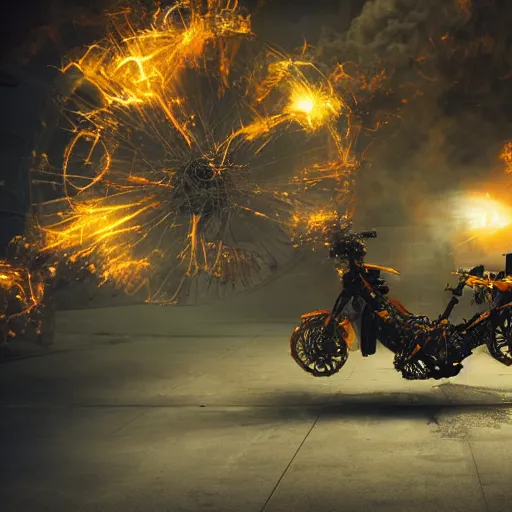 Image similar to bicycle mecha, dark messy smoke - filled cluttered workshop, dark, dramatic lighting, orange tint, sparks, cinematic, highly detailed, sci - fi, futuristic, movie still