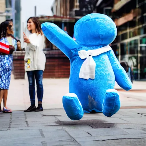 Image similar to blue'snappy gifts'human - sized plush doll, on sidewalk, giving gifts to people, happy atmosphere, high detail, soft lighting, 8 k