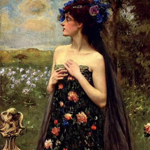 Image similar to persephone as goddess of death, flower dress, by alfred stevens
