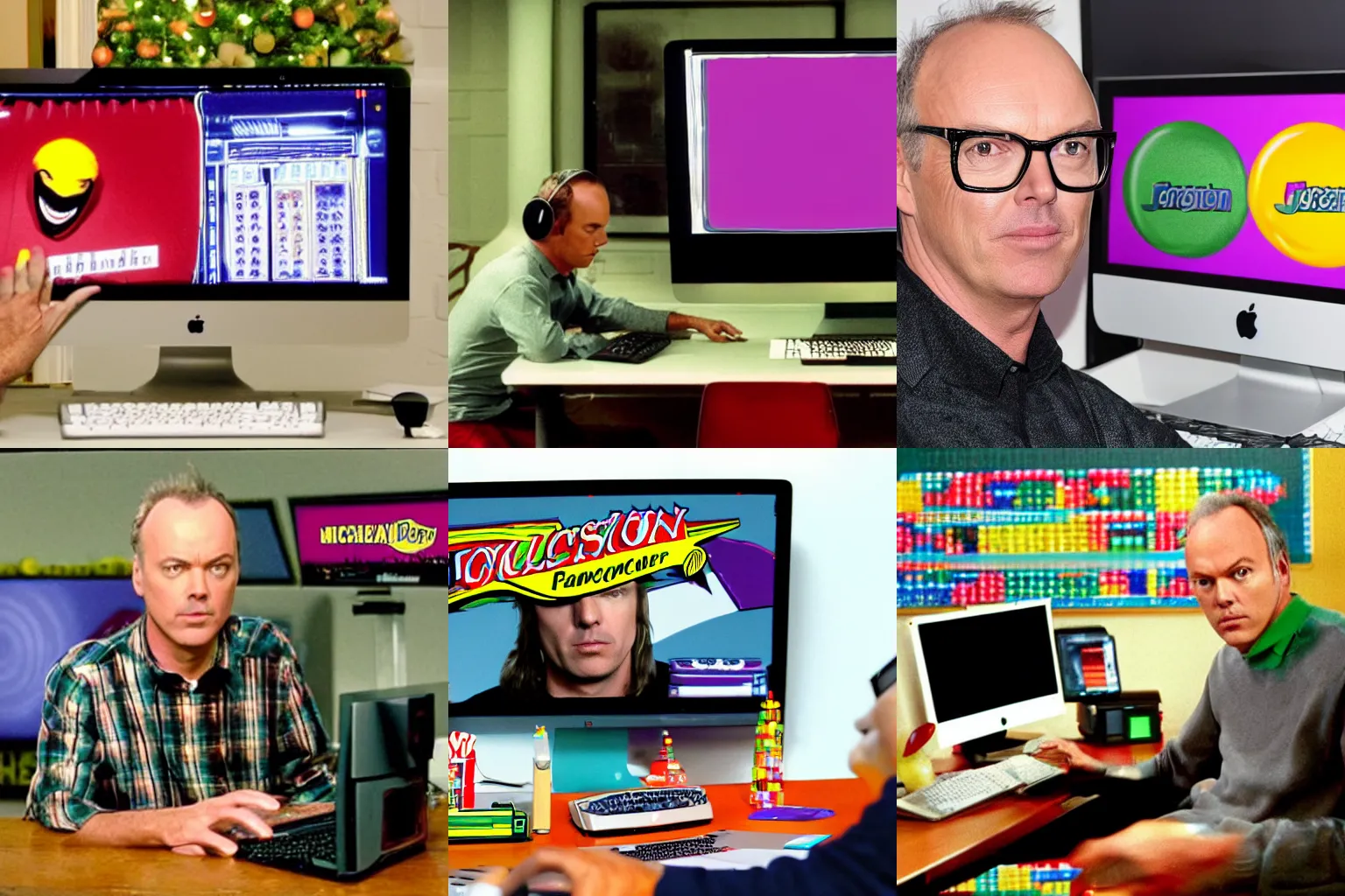 Prompt: michael keaton in his computer with a jolly rancher flag on the screen