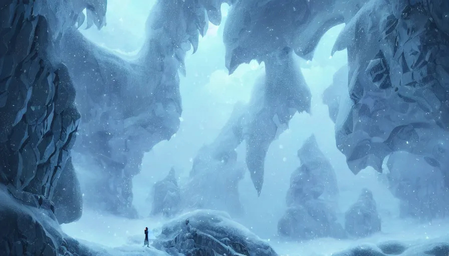 Image similar to A highly detailed digital art painting of the opening to the dragons cave in the snowy forest, shimmering cloudy sky by Studio Ghibli, Makoto Shinkai, (((Makoto Shinkai))) by Artgerm, by beeple, volumetric lighting, octane render, 4K resolution, trending on artstation, masterpiece, vivid colours