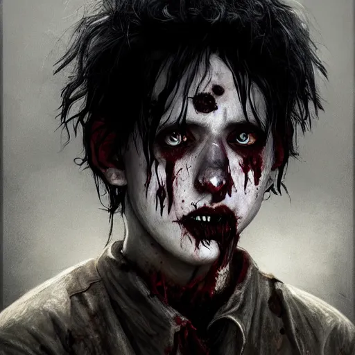 Prompt: portrait of young robert smith as a zombie, 7 days to die zombie, fine art, award winning, intricate, elegant, sharp focus, cinematic lighting, highly detailed, digital painting, 8 k concept art, art by guweiz and z. w. gu, masterpiece, trending on artstation, 8 k