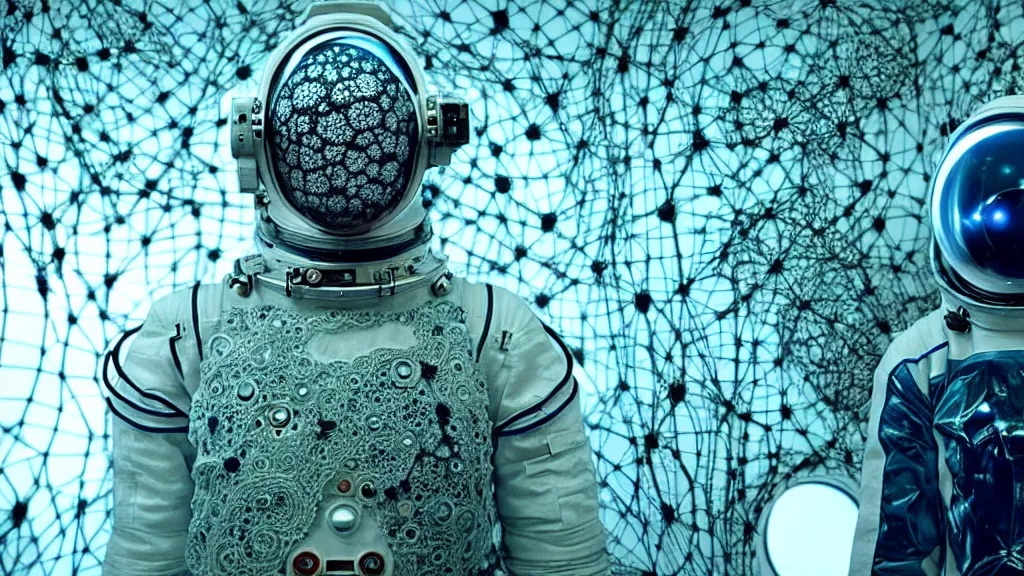 Image similar to a cybernetic symbiosis of a single astronaut eva suit infected with diamond 3d fractal lace iridescent bubble 3d skin covered with insectoid compound eye camera lenses floats through the living room, film still from the movie directed by Denis Villeneuve with art direction by Salvador Dalí, wide lens,