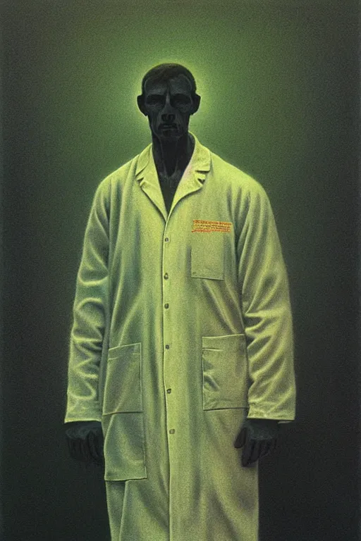 Prompt: portrait of lab coat without a person wearing it, by zdzislaw beksinski, by dariusz zawadzki, artbook, tone mapped, deep blues, shiny, soft lighting