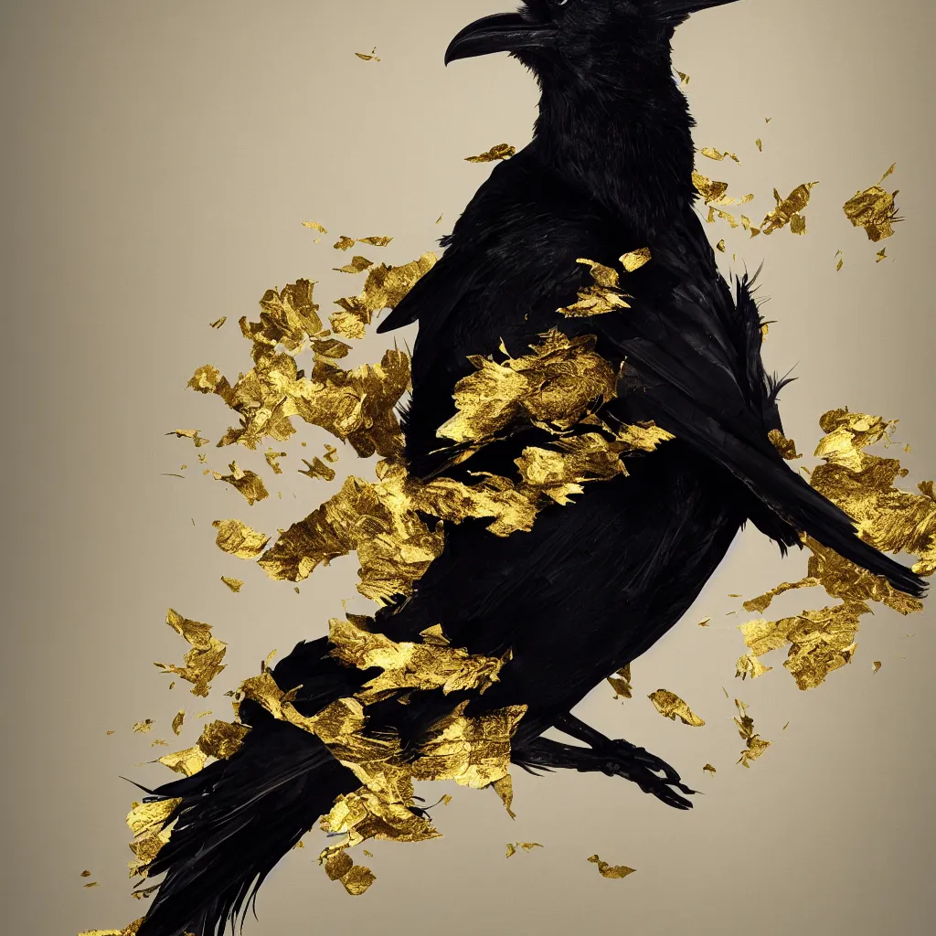 Image similar to Raven with feathers made of gold leaf, white background, octane render, dramatic action shot