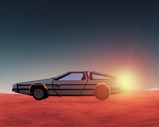 Image similar to doc brown and the delorean on mars, sunset, volumetric light