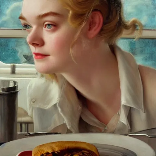 Image similar to Elle Fanning at a diner, head and shoulders portrait, stormy weather, extremely detailed masterpiece, Roger Deakin’s cinematography, oil on canvas, Norman Rockwell,