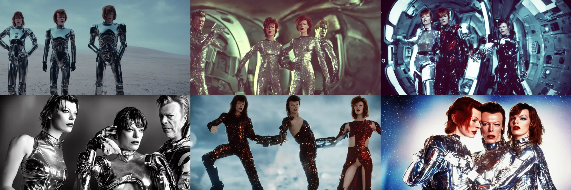 Prompt: a portrait of milla jovovich and david bowie wearing a rocknroll glitzy glamour spacesuit, beautiful, heroic action pose, a friendly android, stunning alien landscape, cinematic, film grain, 5 5 mm f 1. 4 lens wide shot, in the style of kubrick, ridley scott, jodorowsky, dune, star wars, unreal engine