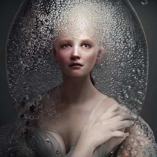 Image similar to medium shot of a woman wearing an armor made of thousands of bubbles. soft. fragile. by ray caesar. by louise dahl - wolfe. by anna claren. surreal photography. octane render