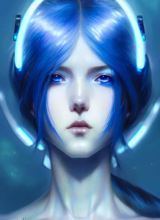 Image similar to beautiful anime cyborg woman, blue hair, blue light, diffuse lighting, fantasy, intricate, elegant, highly detailed, lifelike, photorealistic, digital painting, artstation, illustration, concept art, smooth, sharp focus, art by John Collier and Albert Aublet and Krenz Cushart and Artem Demura and Alphonse Mucha