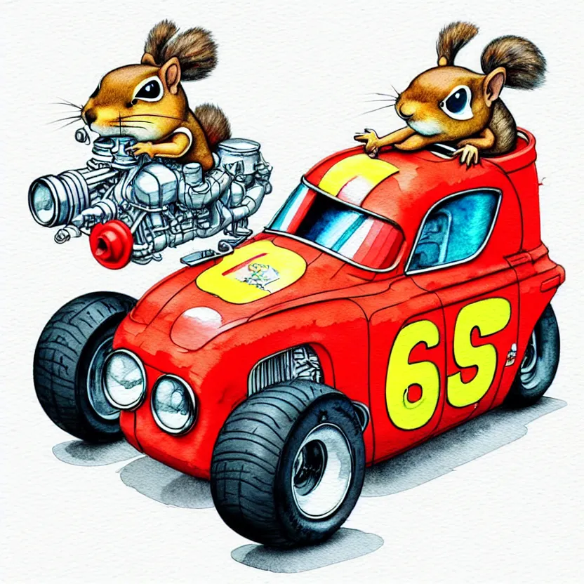 Image similar to cute and funny, squirrel wearing a helmet riding in a hot rod with oversized engine, ratfink style by ed roth, centered award winning watercolor pen illustration, isometric illustration by chihiro iwasaki, edited by range murata, tiny details by artgerm and watercolor girl, symmetrically isometrically centered, sharply focused