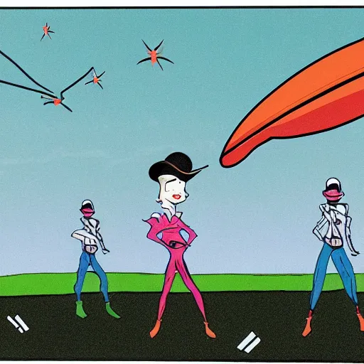 Prompt: aliens abducting a frog from pasture with multiple cows in field. blank billboard inn background during summer night in style of patrick nagel.