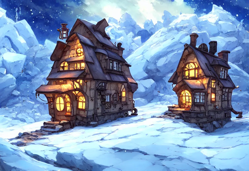 Image similar to tiny chubby steampunk house on a glacier, ice, rocks, snowfall, intricate oil painting, high detail illustration, sharp high detail, manga and anime 1 9 9 9, official fanart behance hd artstation by jesper ejsing and makoto shinkai, 4 k,