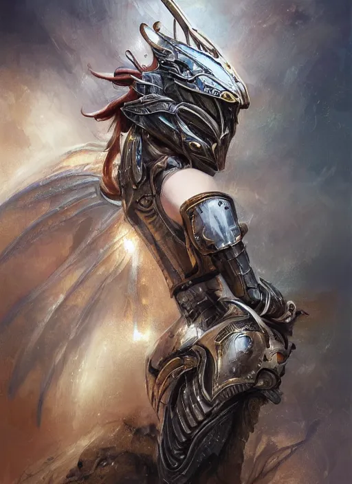 Image similar to a professional painting of a beautiful young female, wearing a metallic dragon-shaped helmet, clothed in battle armor, with mechanical dragon wings, olive skin, long dark hair, beautiful bone structure, symmetrical facial features, intricate, elegant, digital painting, concept art, smooth, sharp focus, illustration, from Metal Gear, by Ruan Jia and Mandy Jurgens and Greg Rutkowski and Artgerm and William-Adolphe Bouguerea