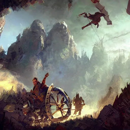 Image similar to a sling machine firing rocks flying, cart wheels, epic fantasy style art by Craig Mullins, fantasy epic digital art