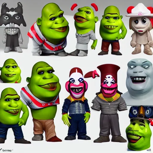 Prompt: 3D render vinyl Funko Pop Shrek figures with clown makeup, realism, 8K, RTX
