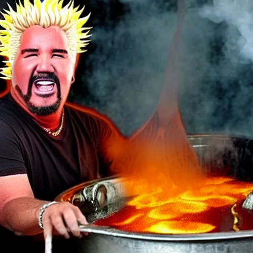 Image similar to guy fieri, turning into an eldritch horror with tentacles, bathing in a giant pan filled with boiling oil, film still from the movie directed by denis villeneuve with art direction by salvador dali