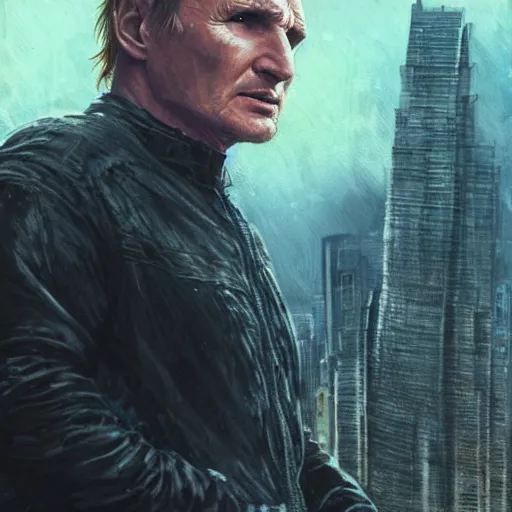 Prompt: Liam Neeson versus Godzilla, post-apocalyptic, high-tech, hulking, close, urban background, highly detailed, artstation, movie poster, sharp focus, illustration, art by artgerm and magali villeneuve and greg rutkowski