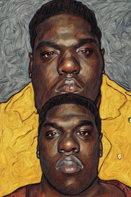Image similar to a portrait of biggie smalls in style of egon schiele, masterpiece, hyperdetailed, complex, intricate, old school, 9 0 s, 4 k, trending on artstation