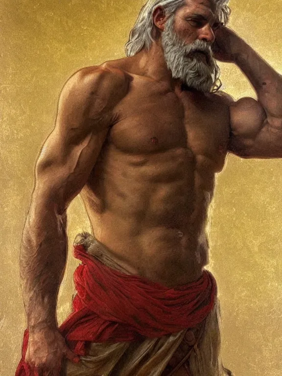 Image similar to painted portrait of rugged zeus, god of thunder, greek god, white hair, masculine, mature, handsome, upper body, red and gold, muscular, hairy torso, fantasy, intricate, muscular, elegant, highly detailed, digital painting, artstation, concept art, smooth, sharp focus, illustration, art by gaston bussiere and alphonse mucha