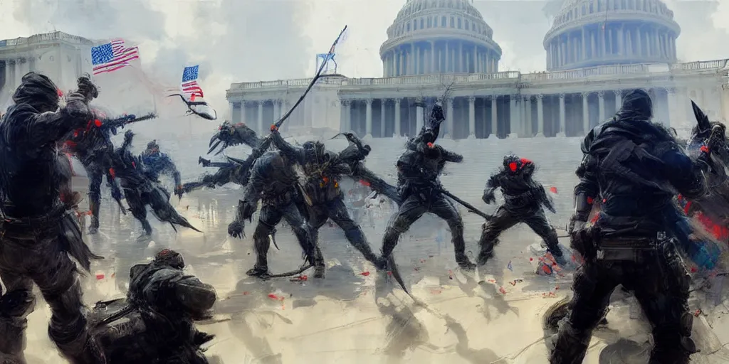 Image similar to character art by ruan jia, man rams barricade at the us capitol as capitol police descend