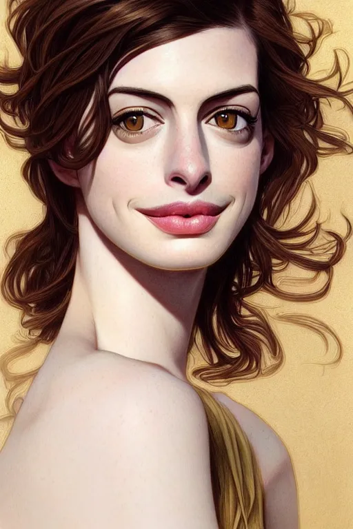 Prompt: very very beautiful longshot photo of anne hathaway, intricate, elegant, highly detailed, artstation, concept art, smooth, sharp focus, illustration, art by artgerm and moebius and alphonse mucha