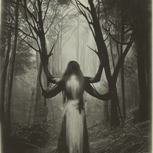 Prompt: an ancient demon-girl on a mysterious fractal forest, evil, entity, mist, 1910 photography, Black and white